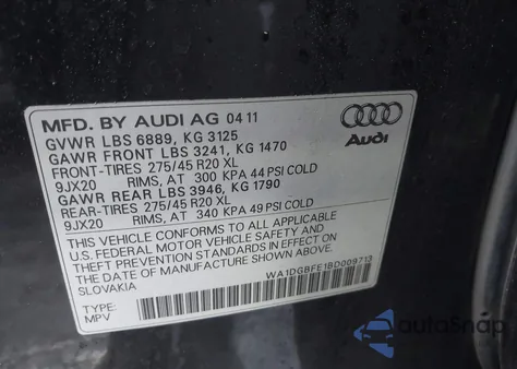 2011 Audi Q7 3.0T S Line Prestige from USA, damaged, VIN WA1DGBFE1BD009713